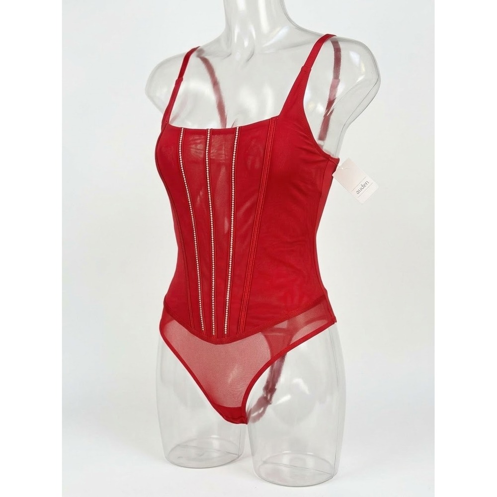 Auden Women's Christmas Red Mesh Corset Bodysuit Rhinestone Square Neck NWT M